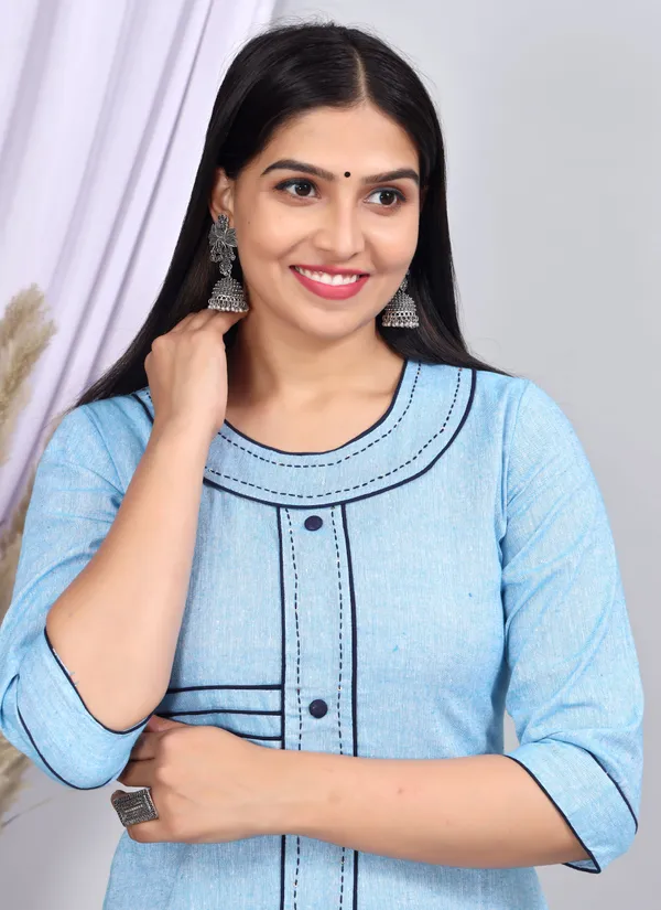 Sky_Blue_Khadi_Cotton_Printed_Casual_Wear_Kurta_&_Pant_For_Women