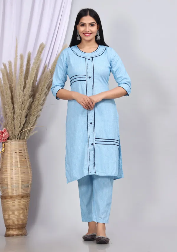 Sky_Blue_Khadi_Cotton_Printed_Casual_Wear_Kurta_&_Pant_For_Women