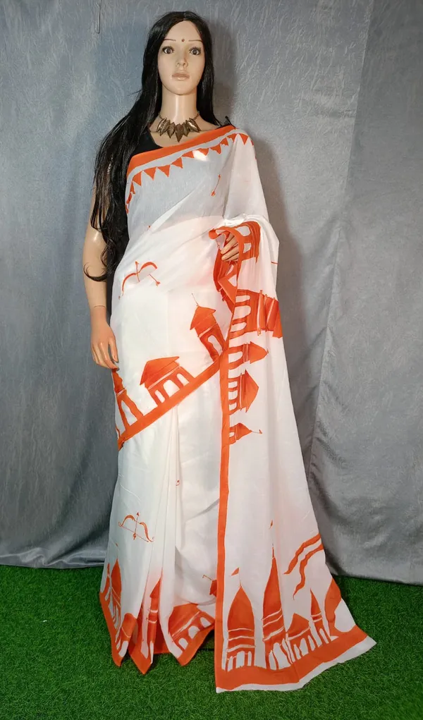 White_Pure_Mul_Cotton_Hand_Painted_Saree