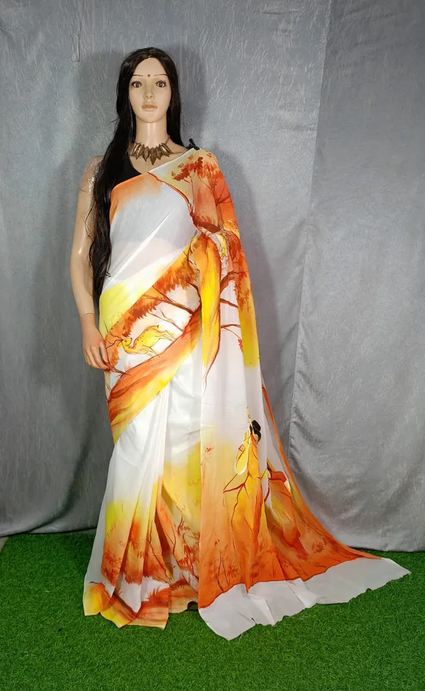 White_Pure_Mul_Cotton_Hand_Painted_Saree