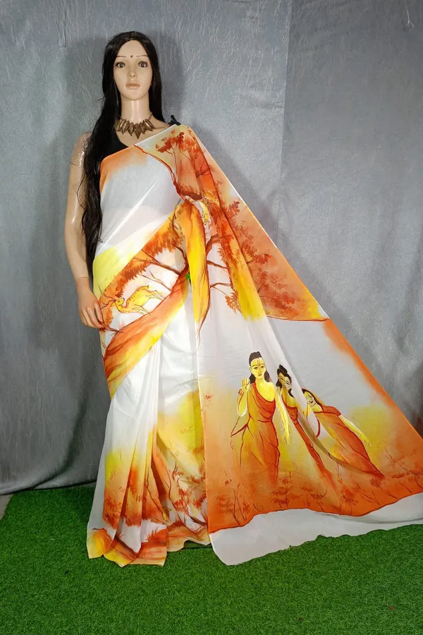 White_Pure_Mul_Cotton_Hand_Painted_Saree