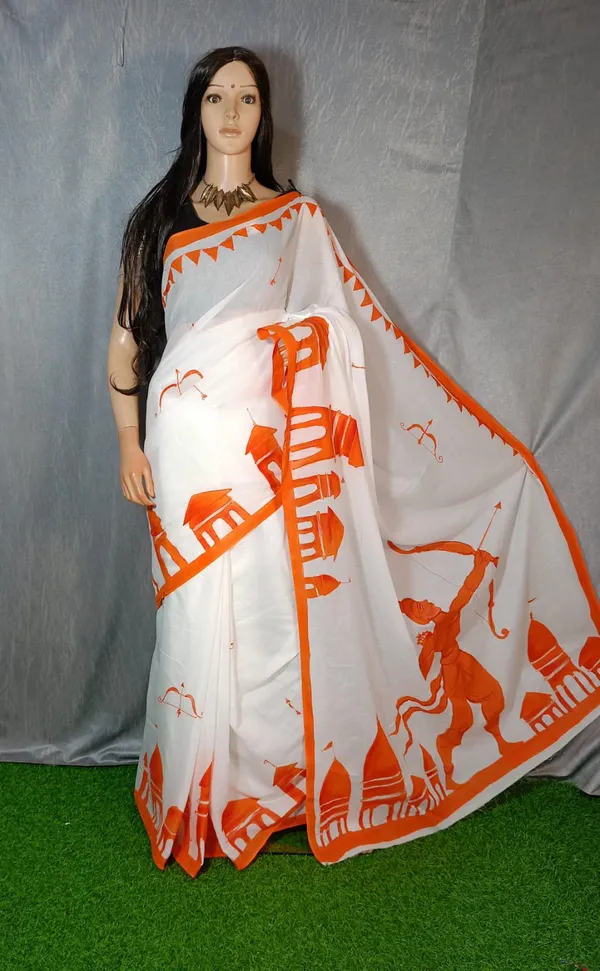 White_Pure_Mul_Cotton_Hand_Painted_Saree