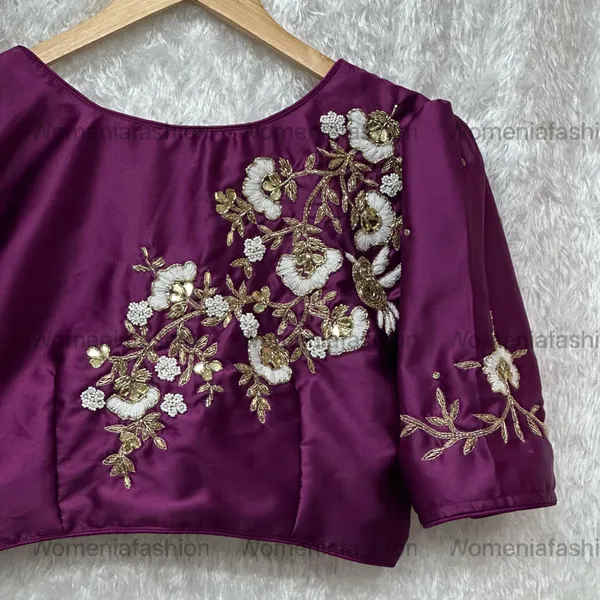Purple_Pure_Silk_Handmade_Zardosi_Work_With_Puff_Sleeve_Boutique_Style_Blouse