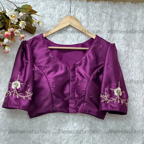 Purple_Pure_Silk_Handmade_Zardosi_Work_With_Puff_Sleeve_Boutique_Style_Blouse