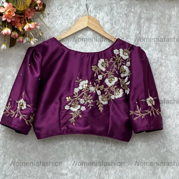 Purple_Pure_Silk_Handmade_Zardosi_Work_With_Puff_Sleeve_Boutique_Style_Blouse