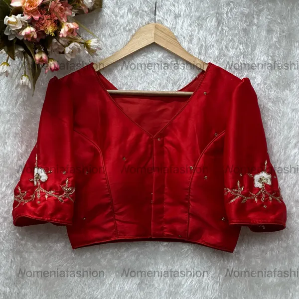 Red_Pure_Silk_Handmade_Zardosi_Work_With_Puff_Sleeve_Boutique_Style_Blouse
