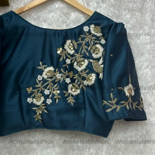 Navy_Pure_Silk_Handmade_Zardosi_Work_With_Puff_Sleeve_Boutique_Style_Blouse