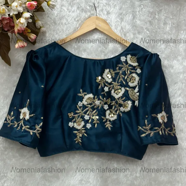Navy_Pure_Silk_Handmade_Zardosi_Work_With_Puff_Sleeve_Boutique_Style_Blouse