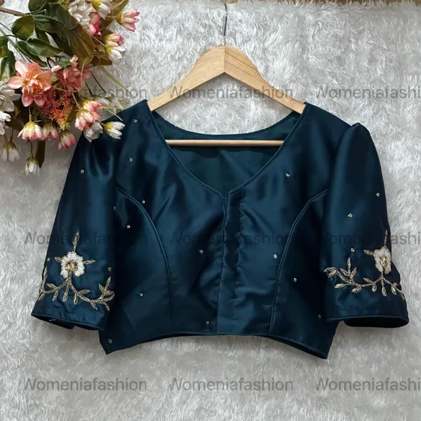 Navy_Pure_Silk_Handmade_Zardosi_Work_With_Puff_Sleeve_Boutique_Style_Blouse