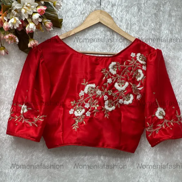 Red_Pure_Silk_Handmade_Zardosi_Work_With_Puff_Sleeve_Boutique_Style_Blouse