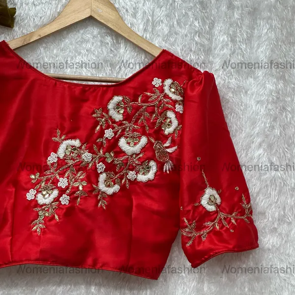 Red_Pure_Silk_Handmade_Zardosi_Work_With_Puff_Sleeve_Boutique_Style_Blouse