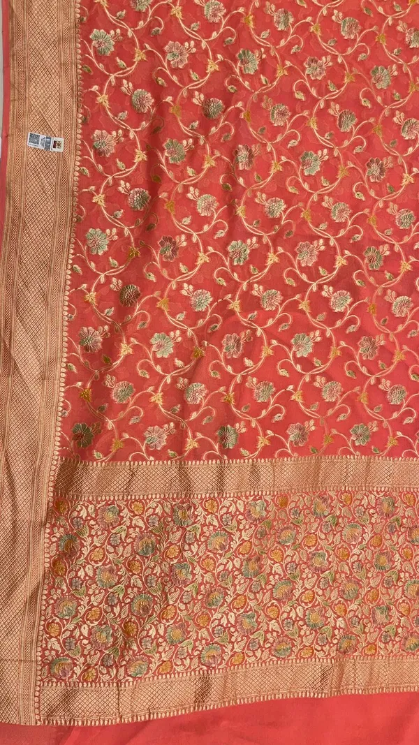 Humairah_Pure_Handwoven_Orange_Khaddi_Georgette_Hand_Brush_Floral_Zari_Jaal_Zari_Banarasi_Border_Saree_with_Orange_Blouse_piece