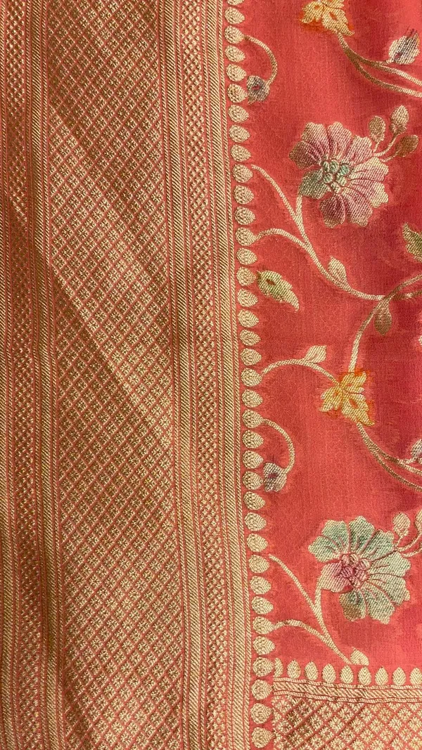 Humairah_Pure_Handwoven_Orange_Khaddi_Georgette_Hand_Brush_Floral_Zari_Jaal_Zari_Banarasi_Border_Saree_with_Orange_Blouse_piece