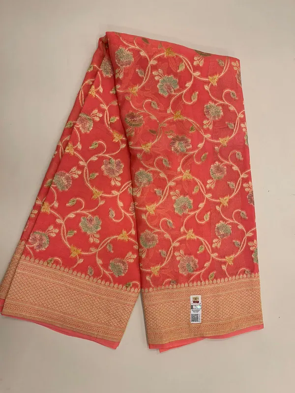 Humairah_Pure_Handwoven_Orange_Khaddi_Georgette_Hand_Brush_Floral_Zari_Jaal_Zari_Banarasi_Border_Saree_with_Orange_Blouse_piece