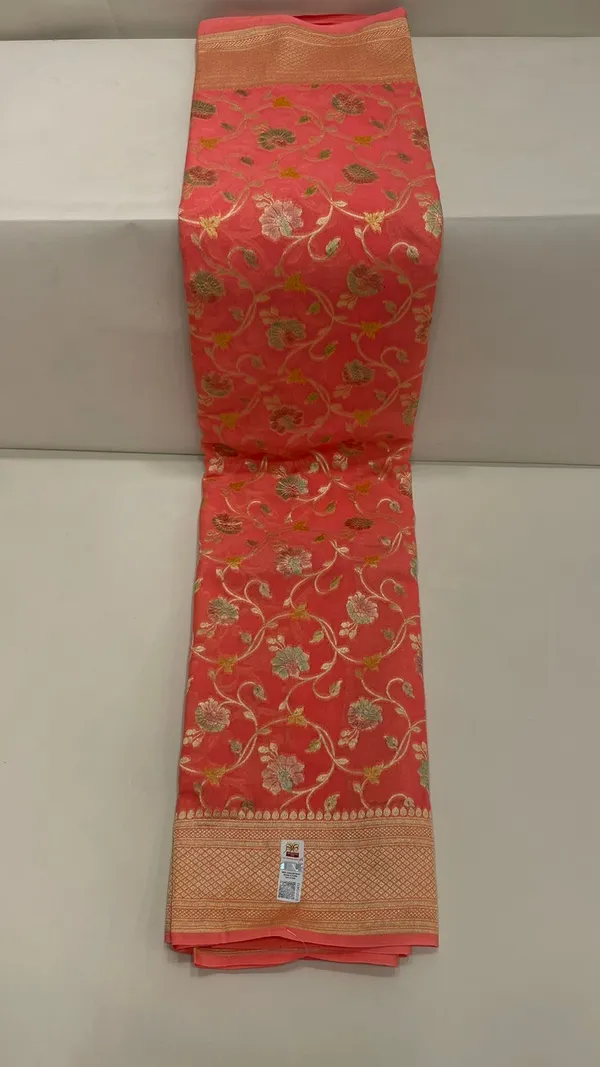 Humairah_Pure_Handwoven_Orange_Khaddi_Georgette_Hand_Brush_Floral_Zari_Jaal_Zari_Banarasi_Border_Saree_with_Orange_Blouse_piece