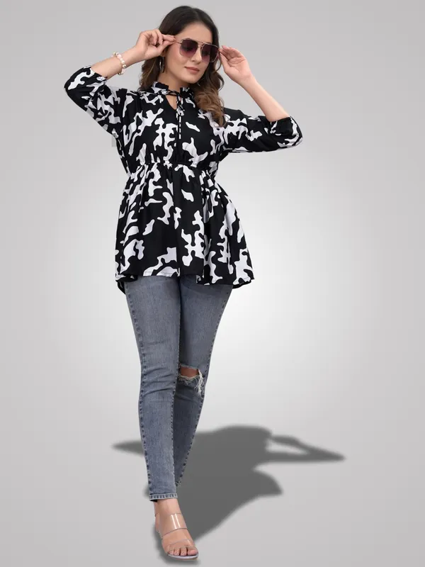 Black_Crepe_Floral_Pattern_Trendy_Ruffle_Neck_Tunic_Tops