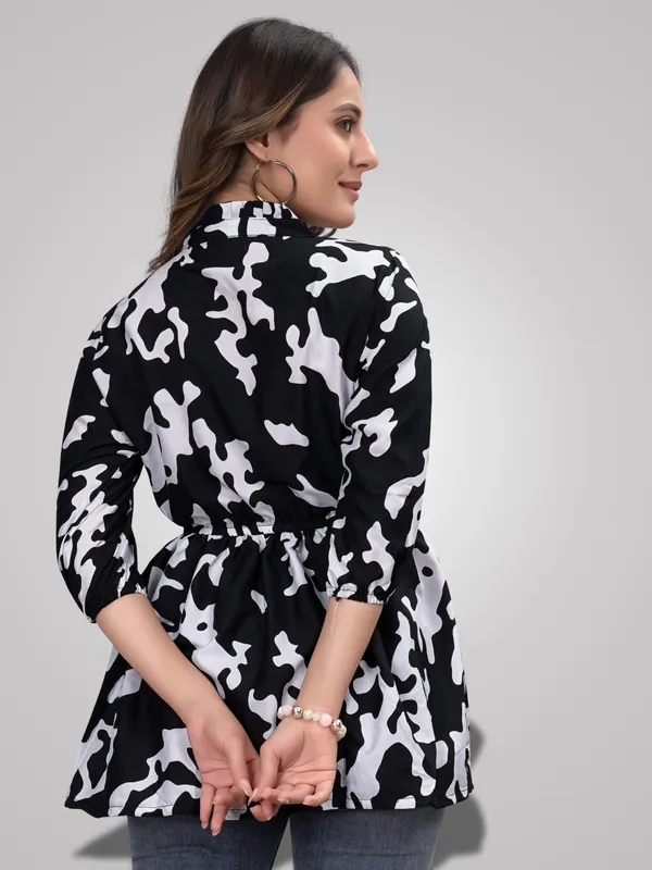 Black_Crepe_Floral_Pattern_Trendy_Ruffle_Neck_Tunic_Tops