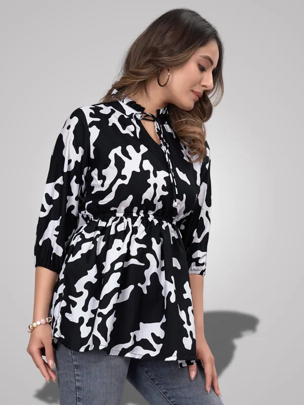 Black_Crepe_Floral_Pattern_Trendy_Ruffle_Neck_Tunic_Tops