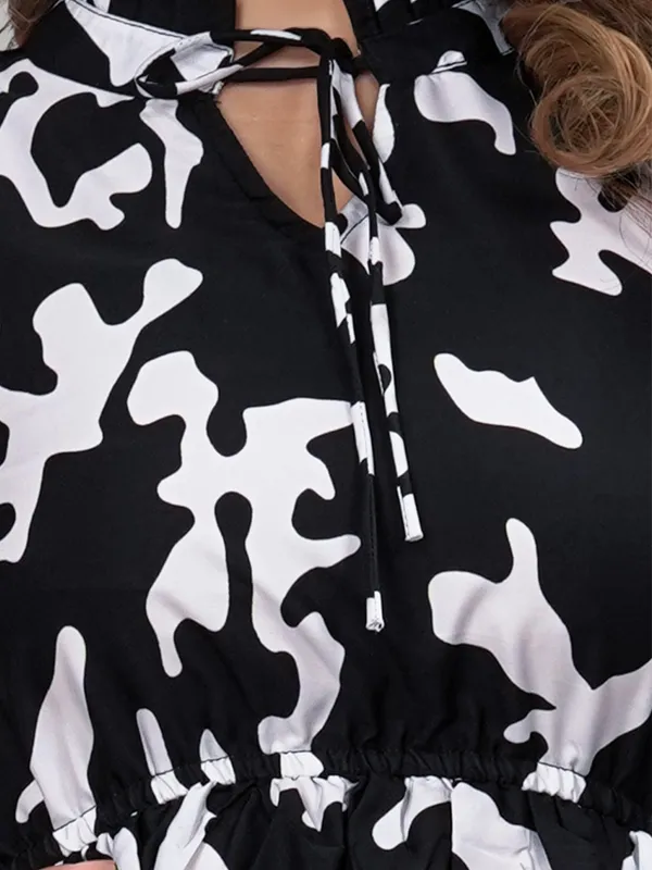 Black_Crepe_Floral_Pattern_Trendy_Ruffle_Neck_Tunic_Tops