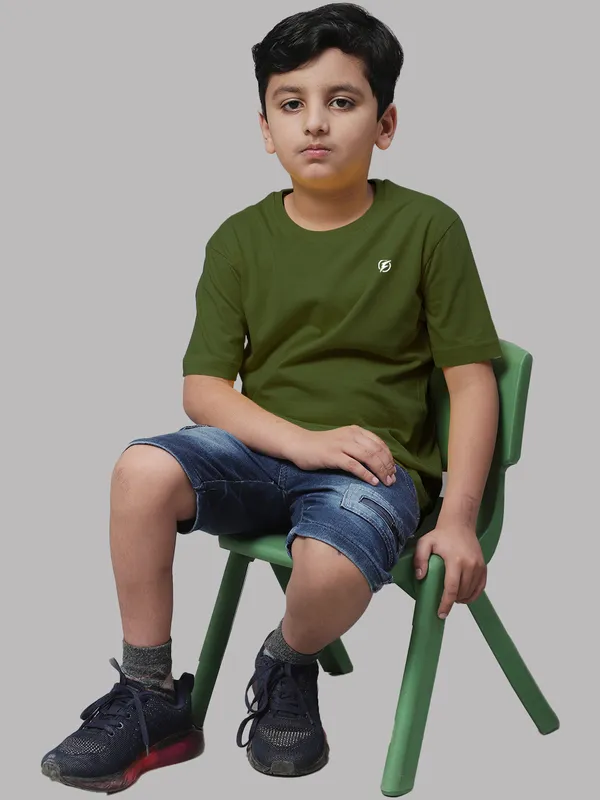 Olive_Green_Cotton_Rib_Round_Neck_Short_Sleeves_T-Shirt_For_Kids