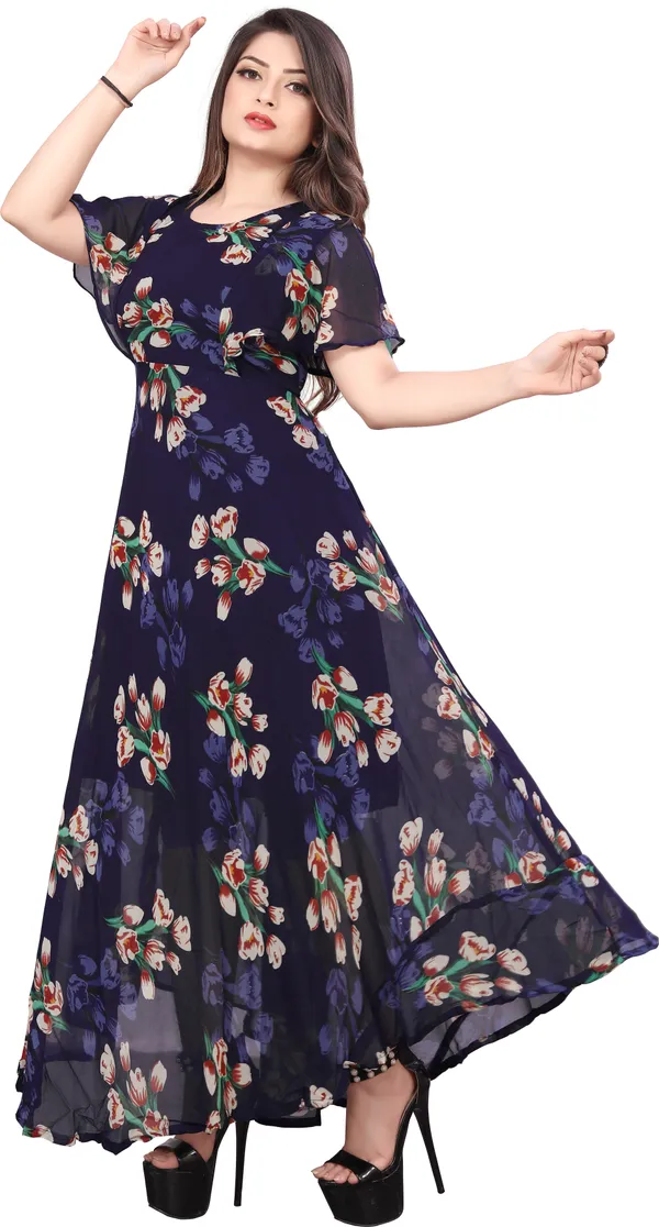 Black_Regular_Flared_Sleeves_Georgette_Short_Sleeve_Stitched_Long_Gown_For_Women