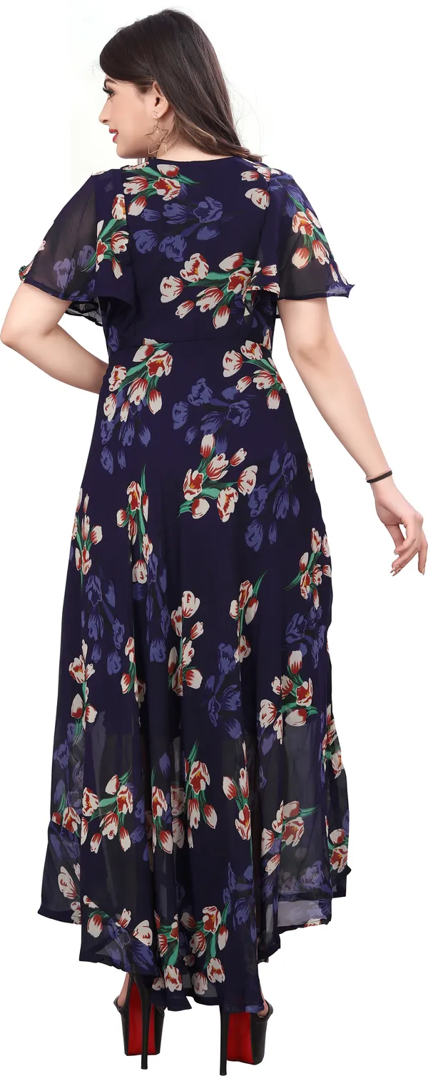 Black_Regular_Flared_Sleeves_Georgette_Short_Sleeve_Stitched_Long_Gown_For_Women