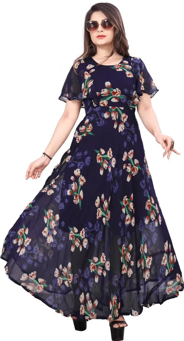 Black_Regular_Flared_Sleeves_Georgette_Short_Sleeve_Stitched_Long_Gown_For_Women