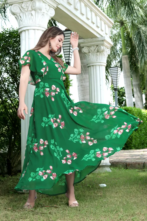 Green_Regular_Flared_Sleeves_Georgette_Short_Sleeve_Stitched_Long_Gown_For_Women
