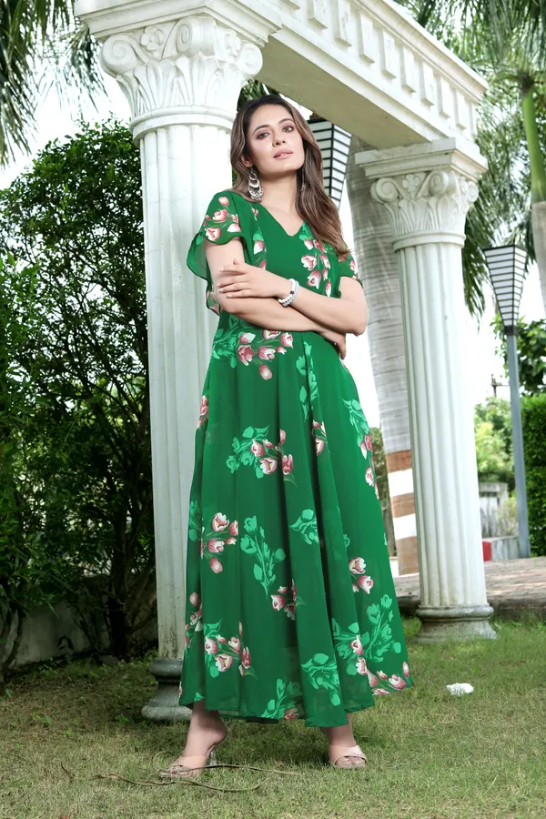 Green_Regular_Flared_Sleeves_Georgette_Short_Sleeve_Stitched_Long_Gown_For_Women