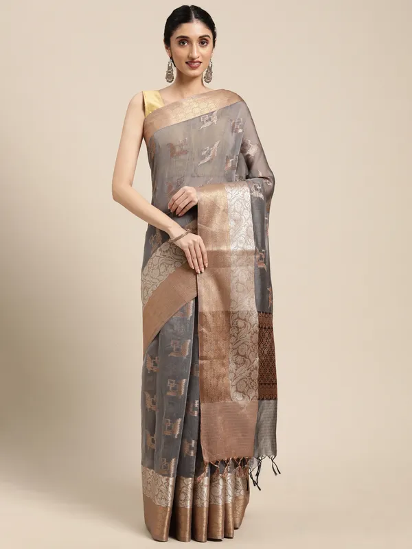 Grey_Masrise_Cotton/Cotton_Banarasi_Sarees_For_Women