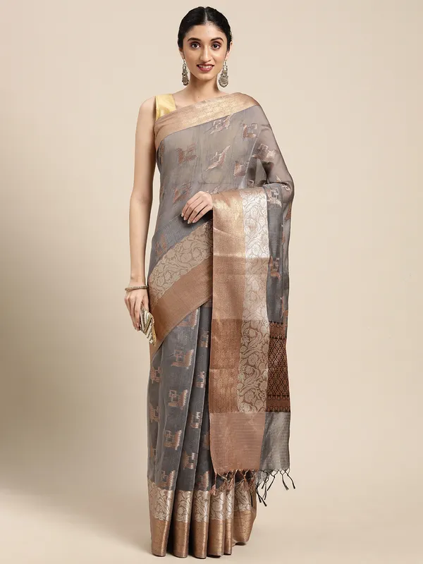 Grey_Masrise_Cotton/Cotton_Banarasi_Sarees_For_Women