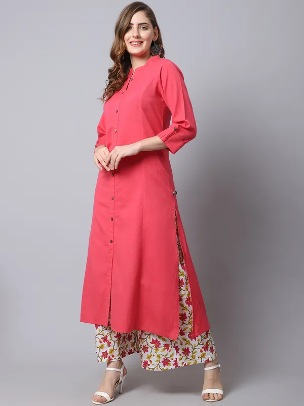 Pink_Cotton_Solid_Kurta_With_Printed_Flair_Palazzo_Bottom_Set_(Peach)