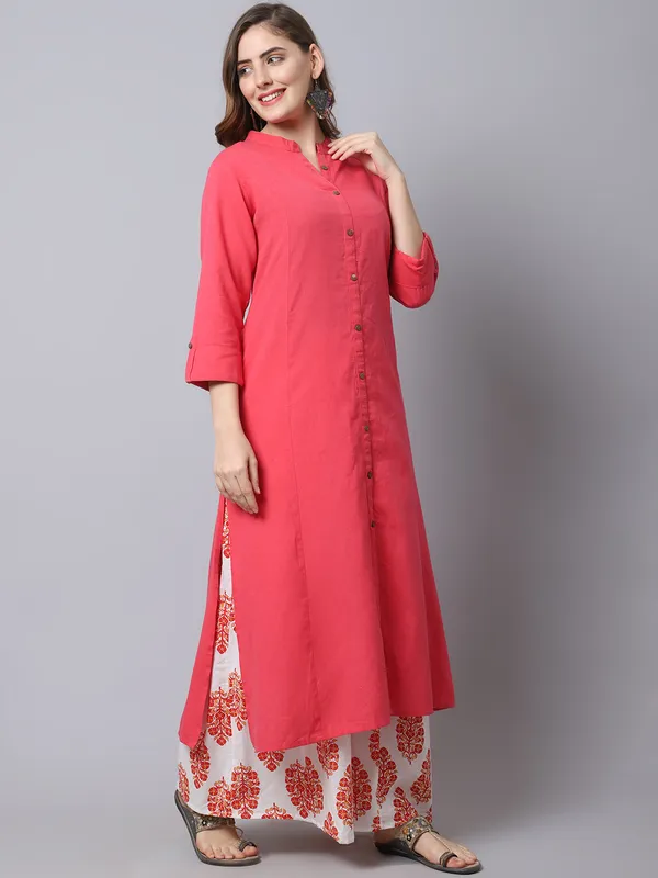 Pink_Cotton_Solid_Kurta_With_Printed_Flair_Palazzo_Bottom_Set_(Peach)