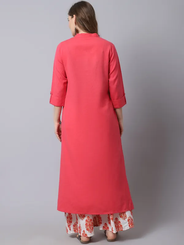 Pink_Cotton_Solid_Kurta_With_Printed_Flair_Palazzo_Bottom_Set_(Peach)