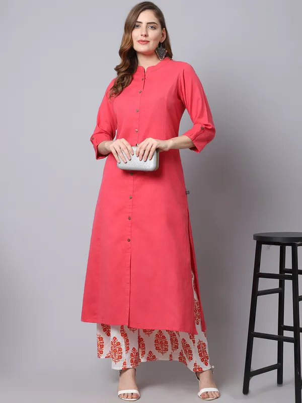 Pink_Cotton_Solid_Kurta_With_Printed_Flair_Palazzo_Bottom_Set_(Peach)