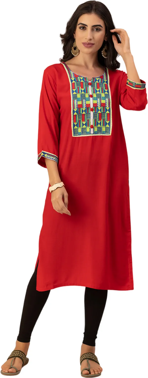 RED_Rayon_Women_Kurta,_Colourful_Embroidery_Work