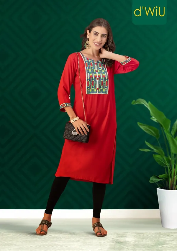 RED_Rayon_Women_Kurta,_Colourful_Embroidery_Work
