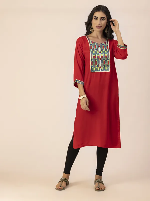 RED_Rayon_Women_Kurta,_Colourful_Embroidery_Work