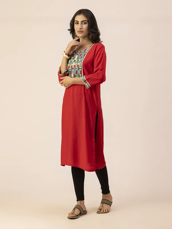 RED_Rayon_Women_Kurta,_Colourful_Embroidery_Work