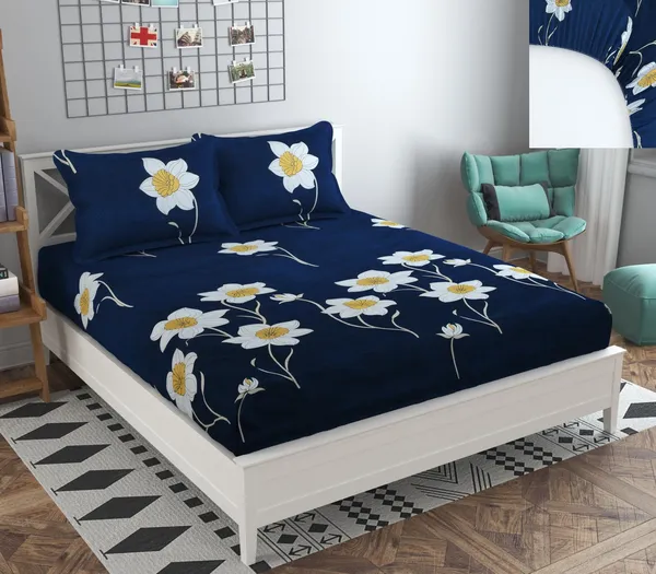 BLUE_Pure_Cotton_Bedsheet_90X100_Inches_with_Two_Pillow_Covers_Included_