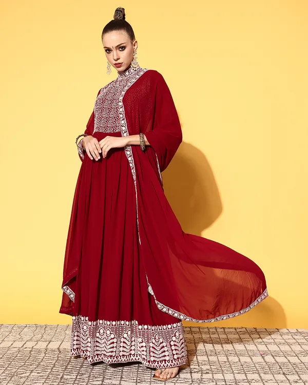 Maroon_Georgette_Sequence_Embroidered_Ethnic_Dress_With_Dupatta