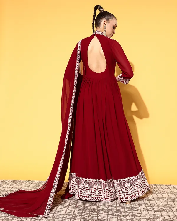 Maroon_Georgette_Sequence_Embroidered_Ethnic_Dress_With_Dupatta