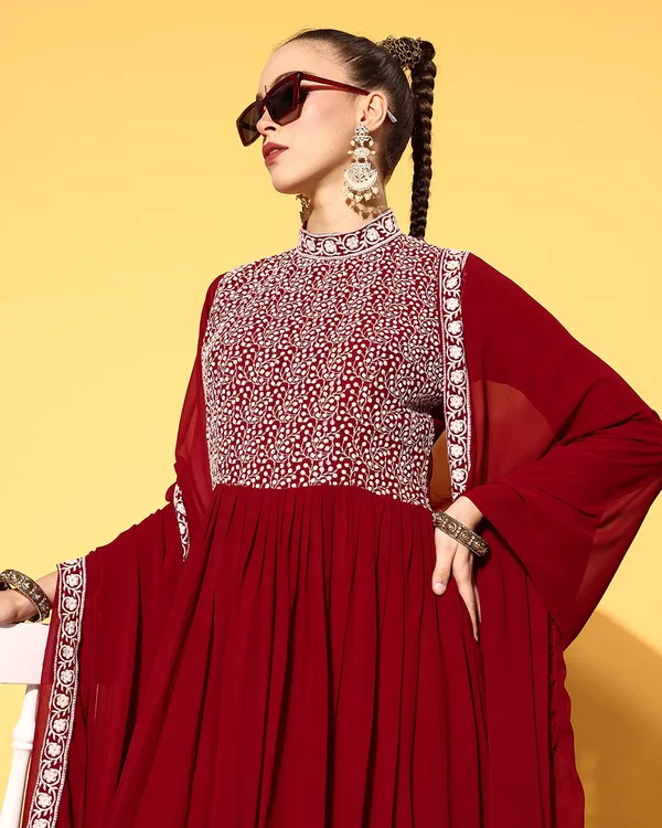 Maroon_Georgette_Sequence_Embroidered_Ethnic_Dress_With_Dupatta