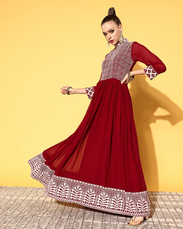 Maroon_Georgette_Sequence_Embroidered_Ethnic_Dress_With_Dupatta