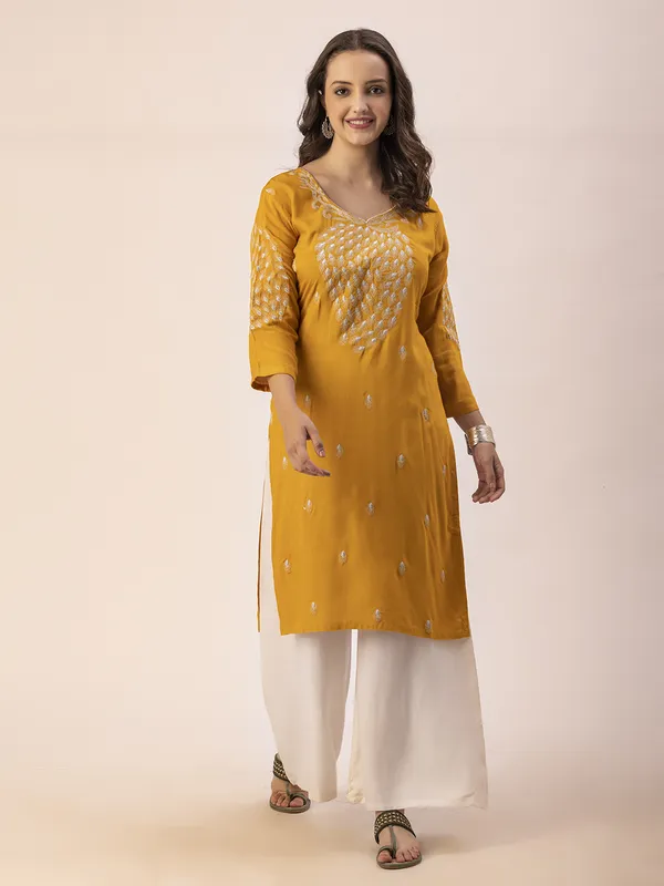 Mustard_Rayon_Slub_Women_Kurta,_Elegant_Designer_Emroidery_Work