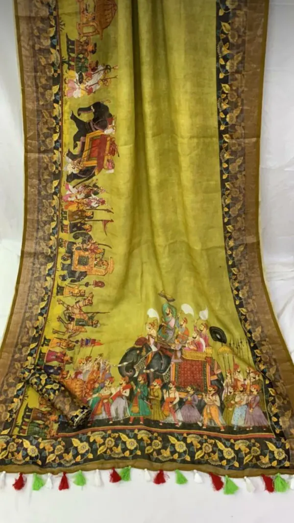 Mehendi_Green_Linen_Saree_with_Kalamkari_Print_and_Unstitched_Blouse_Piece