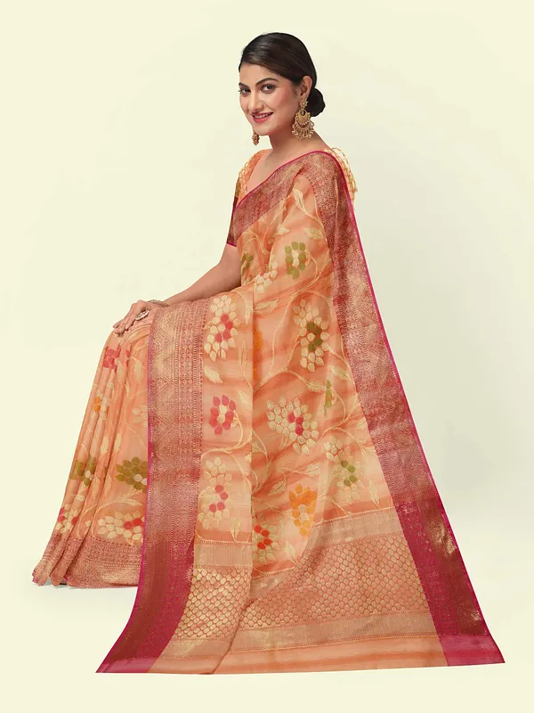 Peach_Matka_Silk/Silk_Blend_Banarasi_Sarees_For_Women