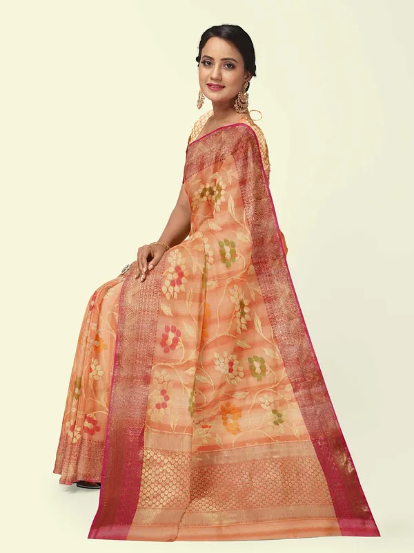 Peach_Matka_Silk/Silk_Blend_Banarasi_Sarees_For_Women