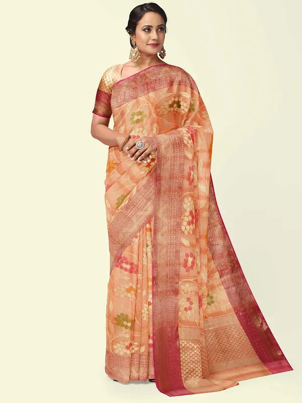 Peach_Matka_Silk/Silk_Blend_Banarasi_Sarees_For_Women