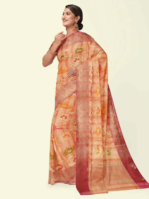 Peach_Matka_Silk/Silk_Blend_Banarasi_Sarees_For_Women